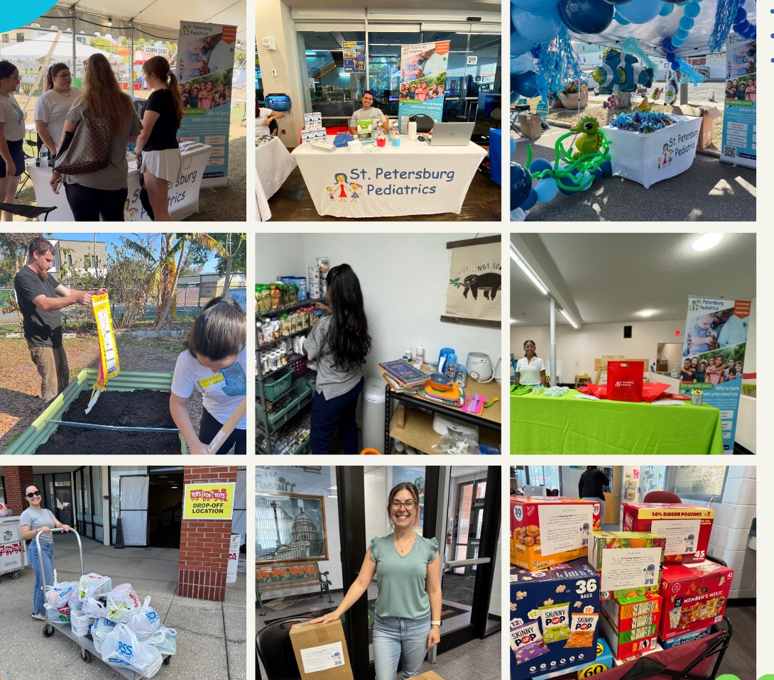 St. Petersburg Pediatrics team at outreach events: resource tables, a community garden, a food pantry, and donation drop-offs