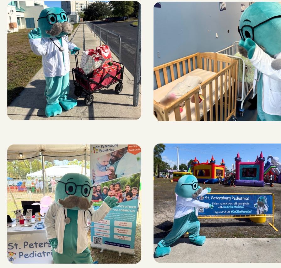 Dr. C the Manatee greeting families, visiting a nursery, and posing at community events