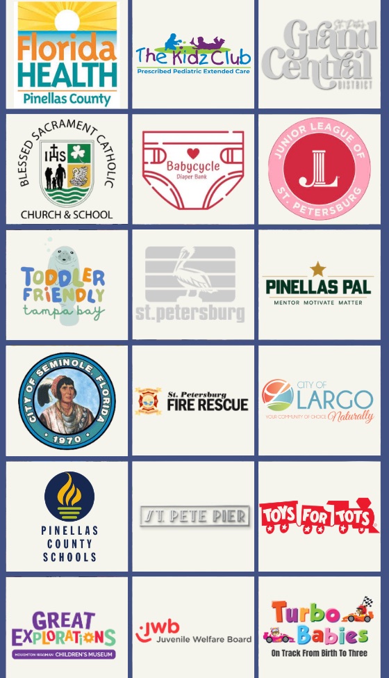 Logos of community partners including Florida Health Pinellas County, Junior League of St. Petersburg, Pinellas County Schools, Toys for Tots, and more